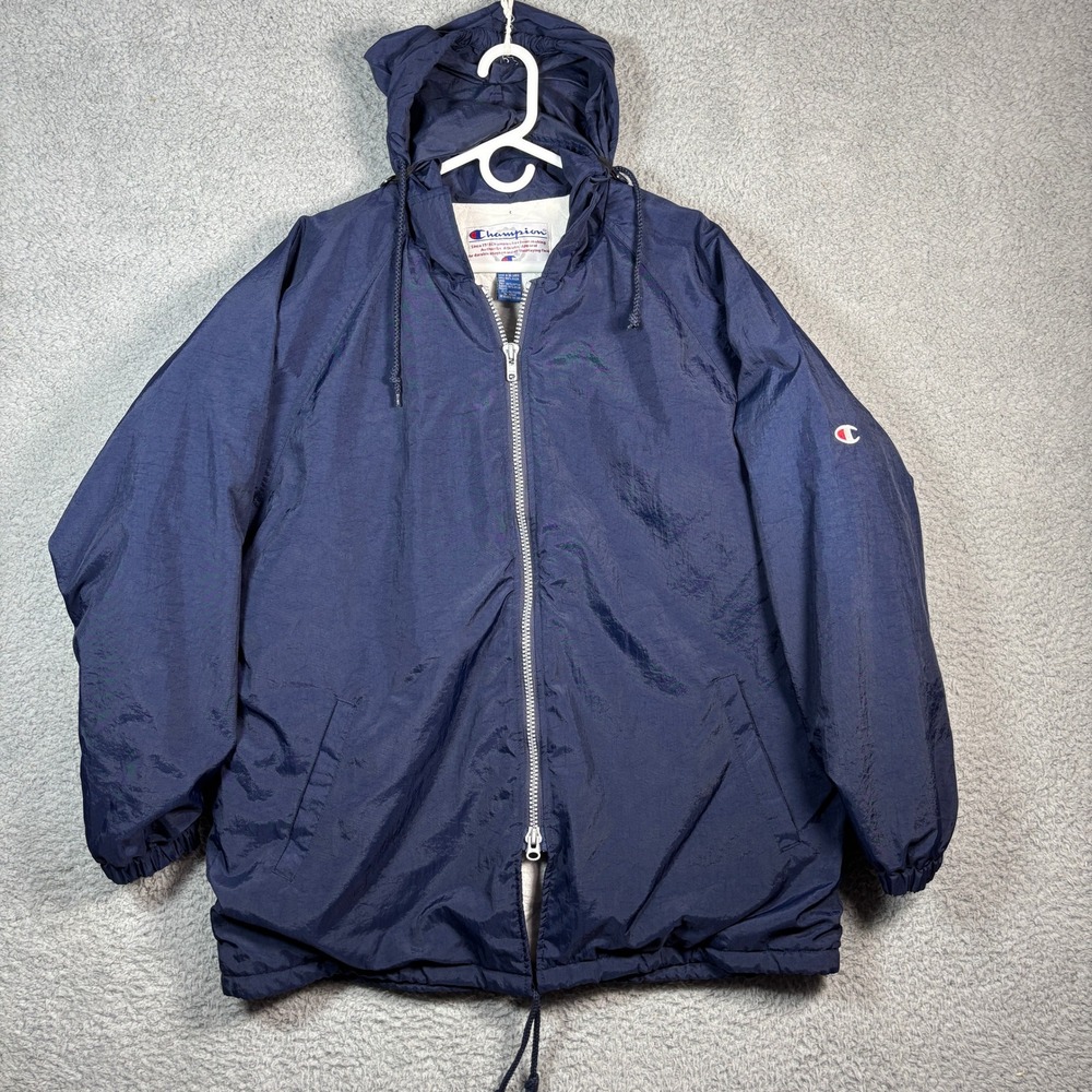 VTG Champion Windbreaker Jacket Men M Navy Blue Quilted Lined Stowaway Hood Zip
